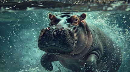A solitary hippopotamus performing a synchronized swimming routine with grace and poise. - obrazy, fototapety, plakaty