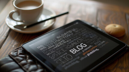 A steaming cup of coffee, a cookie, a stylus, and a tablet with the word "BLOG" dominate the foreground.