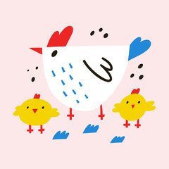 Chicken Easter postcard. Cute doodle hand drawn hens. Simple flat farming vector illustration.