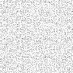 Seamless pattern with Easter eggs, funny Easter bunnies and bells. Doodle vector illustration.