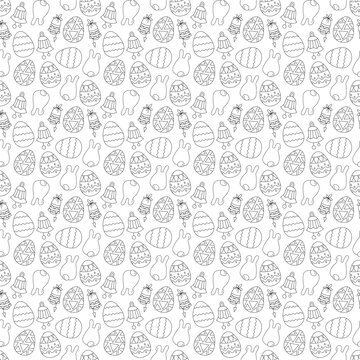 Seamless pattern with Easter eggs, Easter bunnies and bells. Doodle vector illustration.