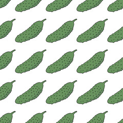 Seamless pattern in cute cucumbers on white background. Vector image.