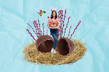 Composite collage image of shocked young girl hold eggs basket nest celebrate easter invitation postcard bizarre unusual fantasy billboard