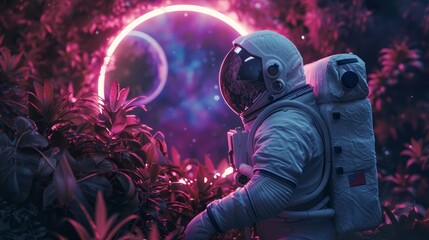 astronaut observing a circular neon portal in space in high resolution and high quality