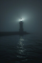 A lighthouse at night in a foggy night