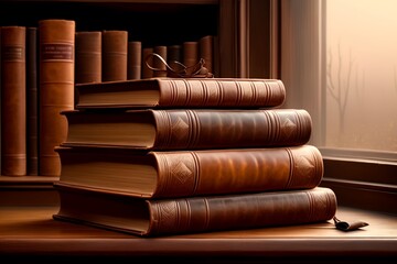 old leather bound books on brown background - obrazy, fototapety, plakaty