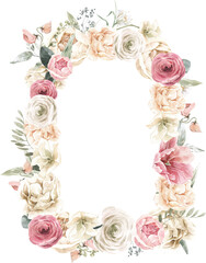 Watercolor Floral Bouquet Arch Frame. Pastel Wreath for Wedding Invitation Card