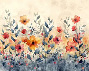 Watercolor botanical background with green leaves and red flowers.