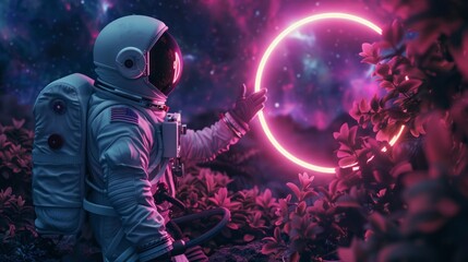 astronaut observing a neon circular portal in space in high resolution - obrazy, fototapety, plakaty