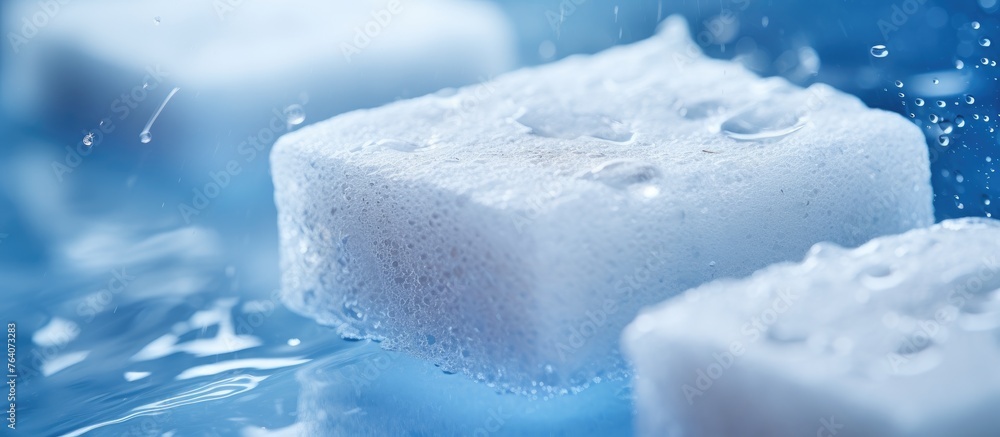 Poster there are three cubes of ice placed on a surface that is colored in a shade of blue