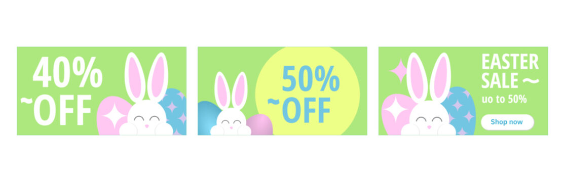 Big vector set of sweet easter sale postcards with color Painted Egg and white rabbit on background. Easter Holiday Design Template for Coupon, Banner, Voucher or Promotional Poster.