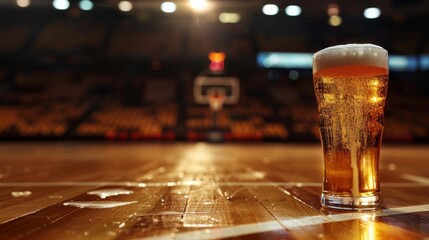 Glass of beer on basketball stadium background --ar 16:9 --style raw Job ID: 9392ebb0-e0fe-4669-9375-121a03247121 - obrazy, fototapety, plakaty