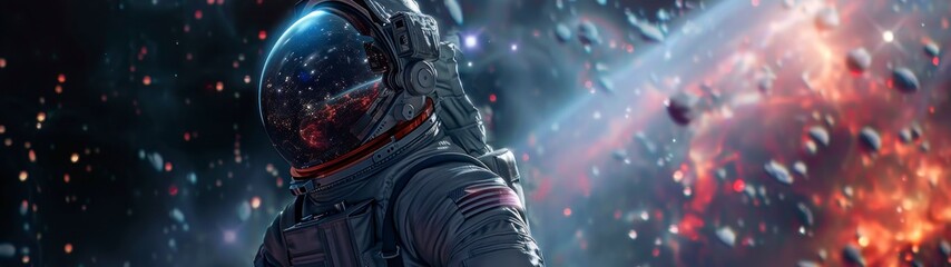 banner of an astronaut floating in space observing stars, galaxies, planets