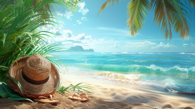 Beach Vacation, Summer on Tropical sand and accessories hat, bag, towel and fip flops on white sand with coconut leaves in side