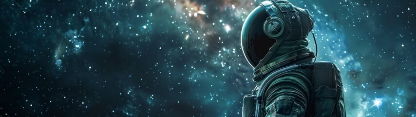 banner of an astronaut floating in space observing stars, galaxies, planets, comets - obrazy, fototapety, plakaty