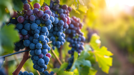 Row of blue ripe wine grapes ready for harvest. Copy space - obrazy, fototapety, plakaty