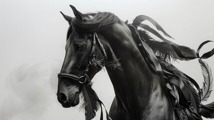 A regal horse adorned with feathers and ribbons, a picture of elegance against a pure white background.