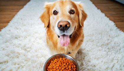 Closeup of a cute Golden Retriever dog looking at camera in front of a bowl full of pet dry kibble food on white carpet, waiting for his treat. Generative Ai.