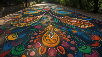 Malowidło na chodniku w parku kolorowym pyłem. Scena odzwierciedla kreatywność i radość związane z hinduskim świętem Holi. - obrazy, fototapety, plakaty