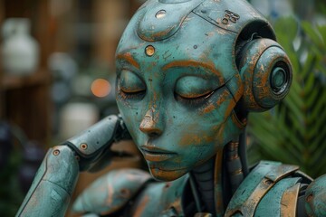 Cropped photo of a turquoise robot with a thoughtful and intense gaze, surrounded by greenery