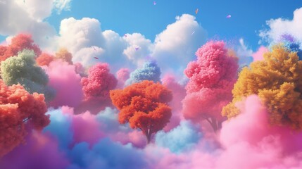 Bajkowa scena tęczowych koron drzew w chmurach na niebie - obrazy, fototapety, plakaty