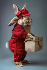 A cute rabbit dress as a delivery boy
