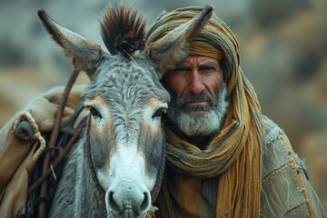 An expressive portrait of a elderly man closely bonded with a donkey, both sharing a moment of companionship