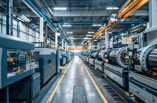 a large factory with a lot of machines and machinery inside of it, and a yellow line on the floor