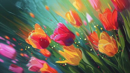 Kolorowe tulipany rosnące w polu. Kąt i rozmazanie dodaje energii i świeżości. Kwiaty są w pełnym rozkwicie. - obrazy, fototapety, plakaty