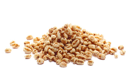 Puffed wheat cereal flakes with honey isolated on white, side view