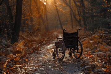 An evocative image capturing an empty, worn wheelchair abandoned in a tranquil, sunlit forest path - Powered by Adobe