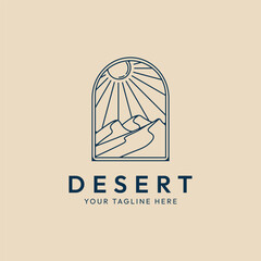 desert line art logo minimalist, sunlight background with emblem vector illustration design