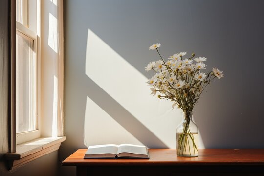 beautiful desk, book, and  flower with light on the window