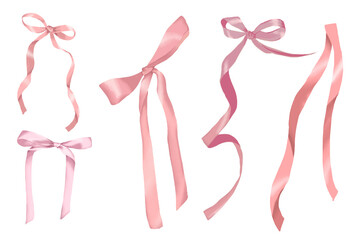 set of pink bows ribbon hand drawn on transparent background.