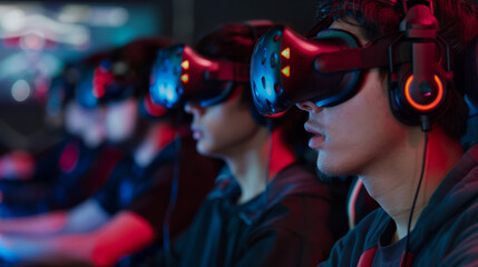 Group of gamers using VR headsets, deeply immersed in the virtual gaming world, illuminated by the...