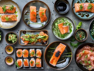A creative flat lay of various salmon dishes showcasing international culinary uses