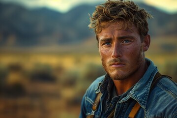 Outdoor portrait of an attractive young man with blue eyes, set against a blurred natural landscape - obrazy, fototapety, plakaty