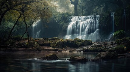Tropical landscape. Beautiful hidden waterfall in rainforest. Adventure and travel concept.