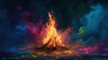 Scenę ognia z ogniska świecącego w ciemności, otoczonego przez kolorowy tajemniczy dym. Symbol Holi - obrazy, fototapety, plakaty