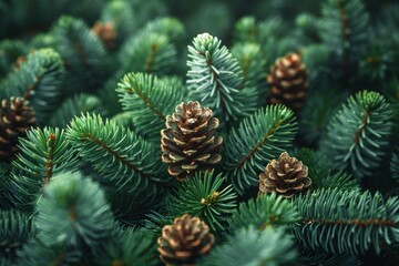 Lush fir branches with pine cones are spotlighted with soft, atmospheric lighting