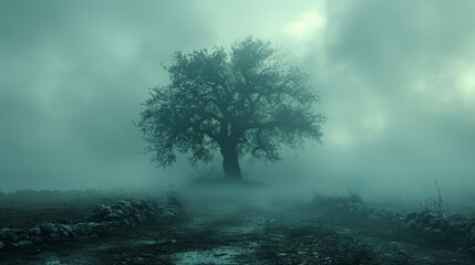 Misty oak tree on a foggy path - obrazy, fototapety, plakaty