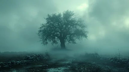 Fotobehang Misty oak tree on a foggy path © iVGraphic