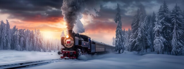 Historic steam locomotive. Old vintage red train ride in the snowy forest in north pole. Fairy tale winter landscape. Retro aesthetic. Christmas and New Year concept. Design for banner, card, poster - obrazy, fototapety, plakaty