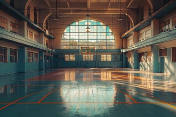 The empty expanse of an indoor basketball court basked in the warm glow of sunlight streaming...