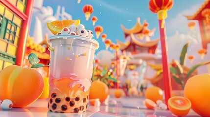 Bobba tea or bubble tea with Asian city in the background with copyspace, generative ai