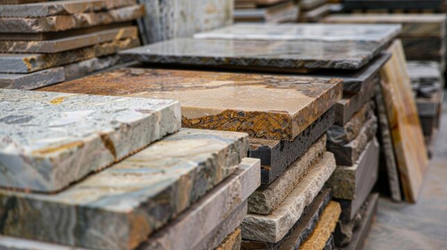 Stacked granite slabs at a stone warehouse