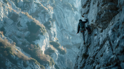 A dynamic shot of a skilled rock climber ascending a challenging and towering rock face - obrazy, fototapety, plakaty