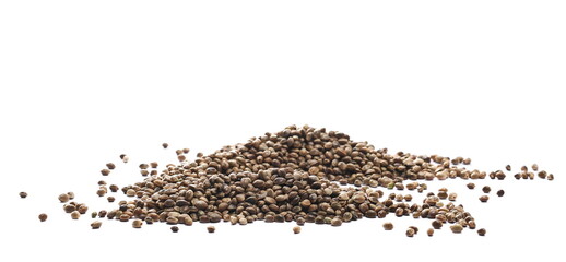 Fototapeta premium Hemp seeds pile isolated on white background, side view