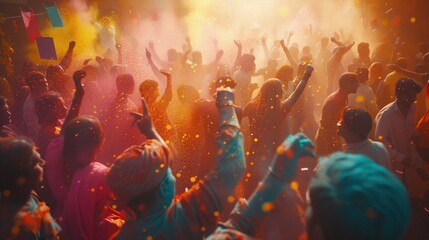 Grupa ludzi stoi przed tłumem kolorowego pyłku podczas święta kolorów Holi. Wesoła atmosfera, taniec i wrzucanie kolorowego proszku w powietrze.