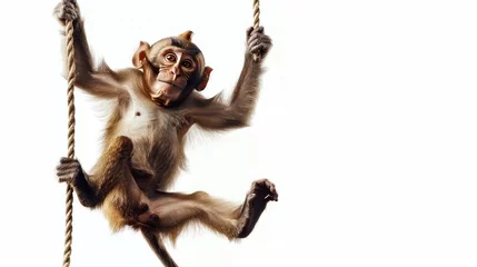 Zelfklevend Fotobehang A mischievous monkey swinging from a trapeze, eyes gleaming with mischief against a pure white background. © Rustam